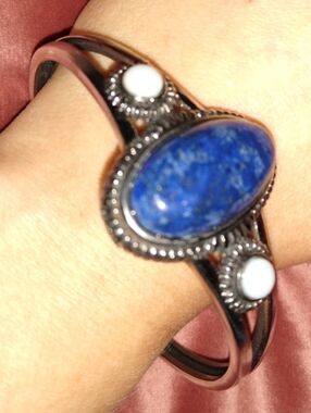 Big Blue Lapis Oval Stone Cuff Silver Bracelet Large Wrist Lazuli Gem Cabachon